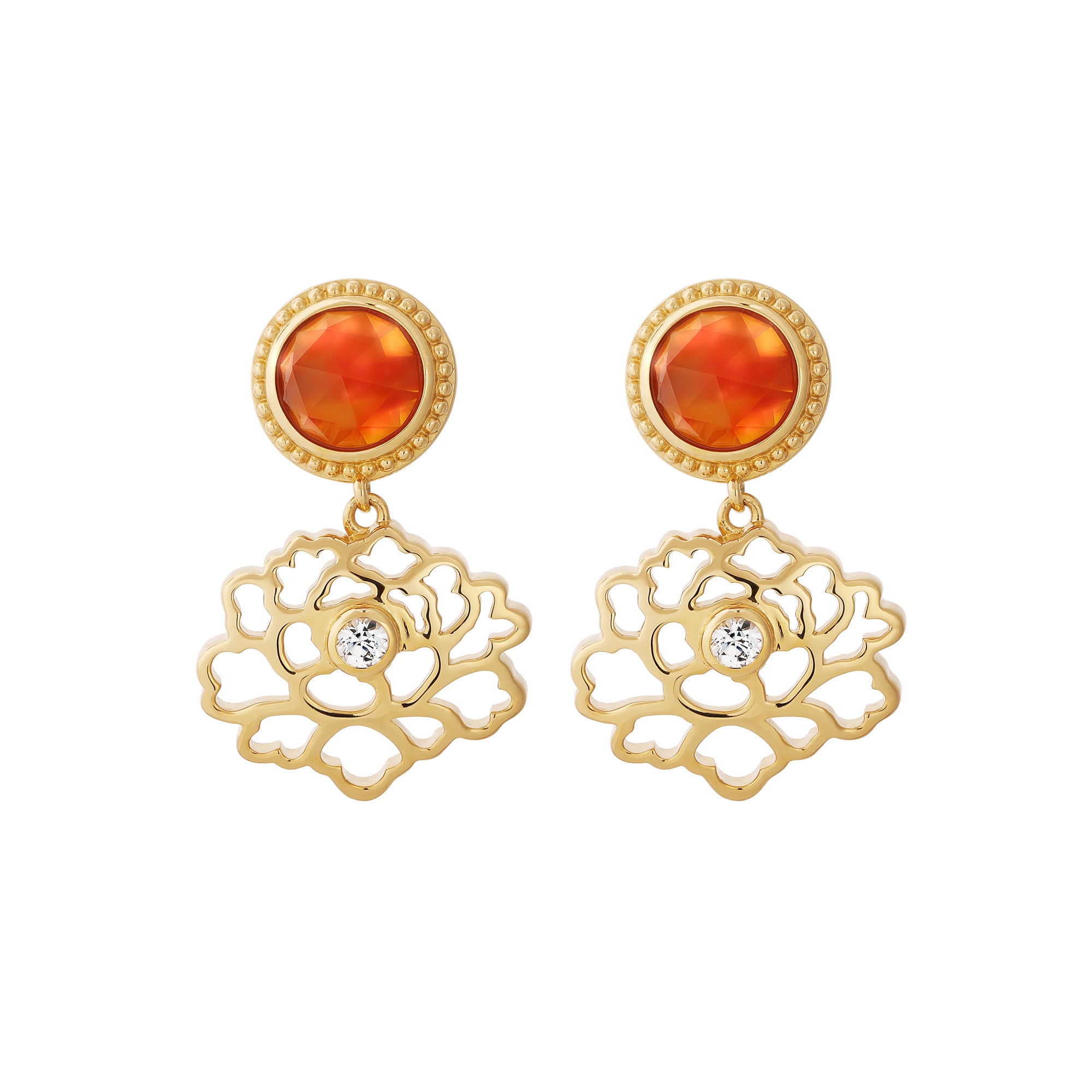 Majestic Tang Peony Earrings Gold Vermeil with Orange Carnelian